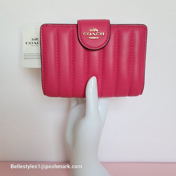 COACH Bifold Quilted Soft Smooth Leather ID Window Medium Wallet - Bold Pink ⭐ - Picture 2 of 16